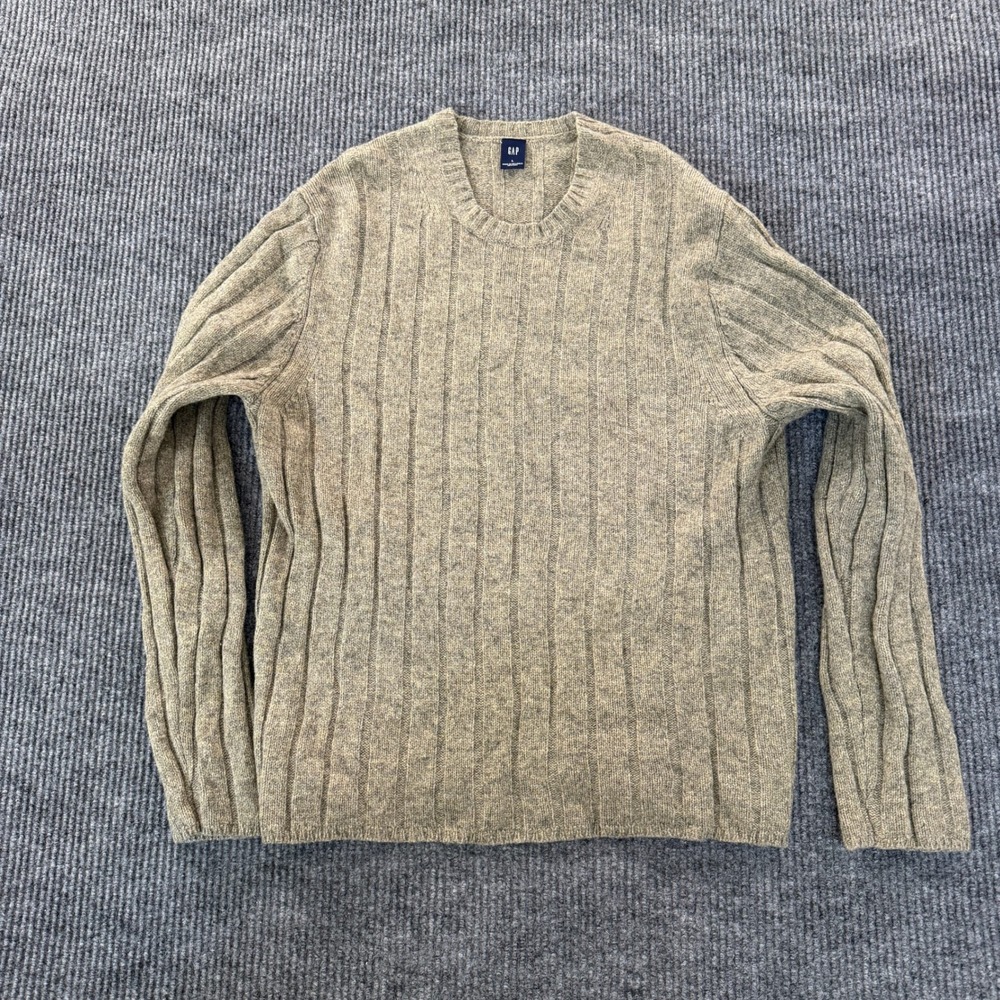 Gap Mens Ribbed Crewneck Sweater Large Olive Green 100% Lambswool LH02257
